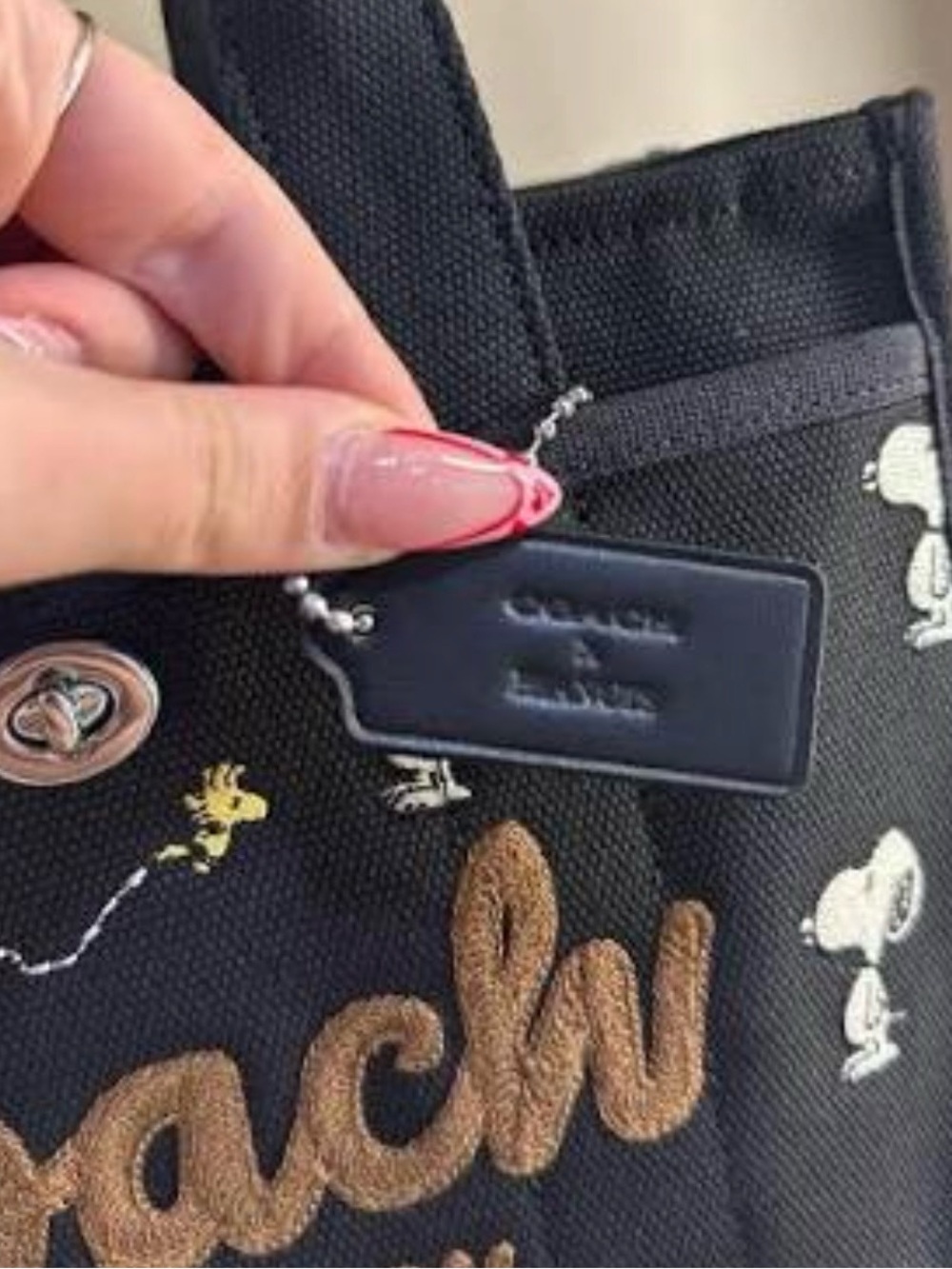 Coach Black Canvas Peanuts Embroidered Tote with Brown Script